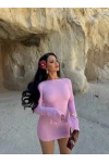 Pembe Sırt Dekolte Gofre Elbise