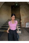 Pembe Yaka Dantelli Halter Bluz