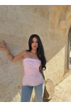 Pudra Çift Yırtmaçlı Denim Straplez
