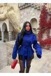 Saks Mavi Dik Yaka Kuşaklı Trençkot