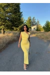 Sarı Asimetrik Yaka Drapeli Elbise