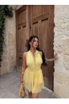 Sarı Maya Dantel Biyeli Elbise