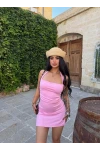 Pembe Aura Boyundan Geçmeli Elbise