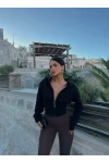 Siyah Bel Korseli Kapşonlu Hırka