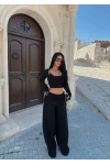 Siyah Beli Katlamalı Bol Paça Eşofman Altı