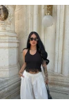 Siyah Boyundan Geçmeli Dantelli Crop