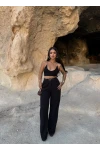 Siyah Çift Pile Kemerli Pantolon