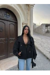 Siyah Dik Yaka Kuşaklı Trençkot