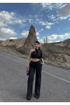 Siyah Elina Yaka Çapraz Keten Takım