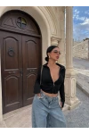 Siyah Fermuarlı Dik Yaka Crop