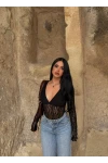 Siyah İçi Astarlı Güpürlü Bodysuit