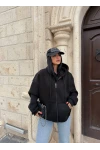 Siyah İçi Şardonlu Oversize Kapşonlu Hırka