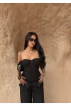 Siyah İp Askılı Tül Bodysuit
