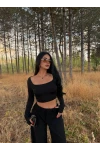 Siyah Kare Yaka Çift Kat Crop
