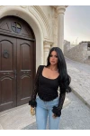 Siyah Kare Yaka Güpürlü Peplum Bluz
