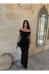 Siyah Kayık Yaka Maxi Elbise