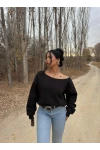 Siyah Kayık Yaka Şardonlu Sweat
