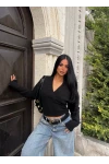 Siyah Kruvaze Crop Triko Kazak