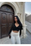 Siyah Kruvaze Parmak Geçmeli Crop