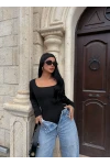 Siyah Lisa Kare Yaka Bodysuit