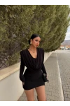 Siyah Omuz Vatkalı Degaje Elbise