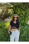 Siyah Ön Büzgülü Güpürlü Crop