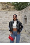 Siyah Retro Şeritli Deri Ceket