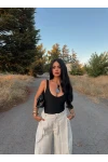 Siyah Sırt Açık V Bodysuit