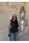 Siyah Sırt Bağcıklı Poplin Bluz