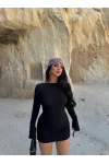 Siyah Sırt Dekolte Gofre Elbise