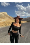 Siyah Sırt Dekolte Kare Yaka Crop
