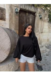 Siyah Yarasa Kol Kayık Yaka Bluz