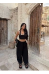 Siyah Yüksek Bel Buzzy Şalvar Pantolon