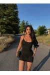 Siyah Zımbalı Askılı Mini Elbise