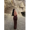 Kahve Sırt Açık Long Elbise