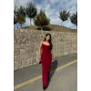 Bordo Askılı Degaje Yaka Elbise