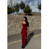 Bordo Askılı Degaje Yaka Elbise
