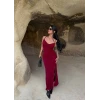 Bordo Askılı Degaje Yaka Elbise