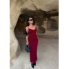 Bordo Askılı Degaje Yaka Elbise