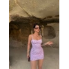 Lila Çiçek Desen İp Askılı Elbise