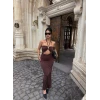 Kahve Göğüs Aksesuarlı Maxi Elbise