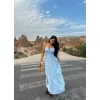 Bebe Mavisi Askılı İnci Keten Elbise