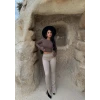 Bej Paça Yırtmaçlı Fitilli Tayt
