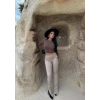 Bej Paça Yırtmaçlı Fitilli Tayt