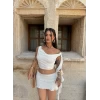Beyaz Etek&Crop Kabartma İkili Takım