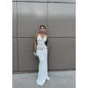 Beyaz Göğüs Büzgülü Maxi Elbise