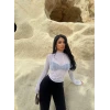 Beyaz Ön Şeritli Tül Bluz