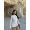 Beyaz Sırt Açık Gofre Elbise