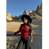 Bordo Fularlı İki Parça Crop