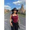 Bordo Göğüs Bağcıklı Biyeli Crop